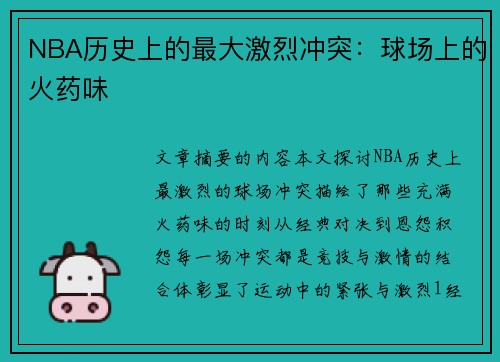 NBA历史上的最大激烈冲突：球场上的火药味