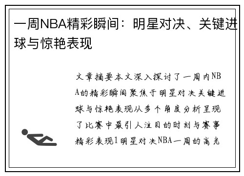 一周NBA精彩瞬间：明星对决、关键进球与惊艳表现